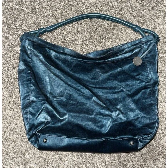 Vintage Furla Large Teal/Petrol Blue Iridescent Leather Shoulder Bag Hobo Tote - Picture 2 of 10